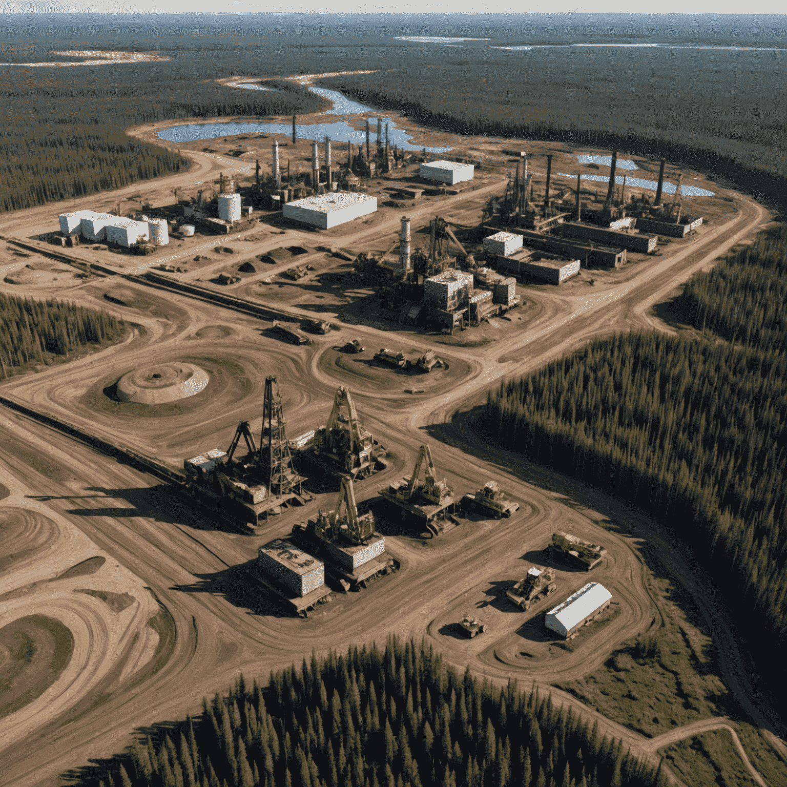 Aerial view of Canadian oil sands with vast excavation areas, heavy machinery, and processing facilities surrounded by boreal forest