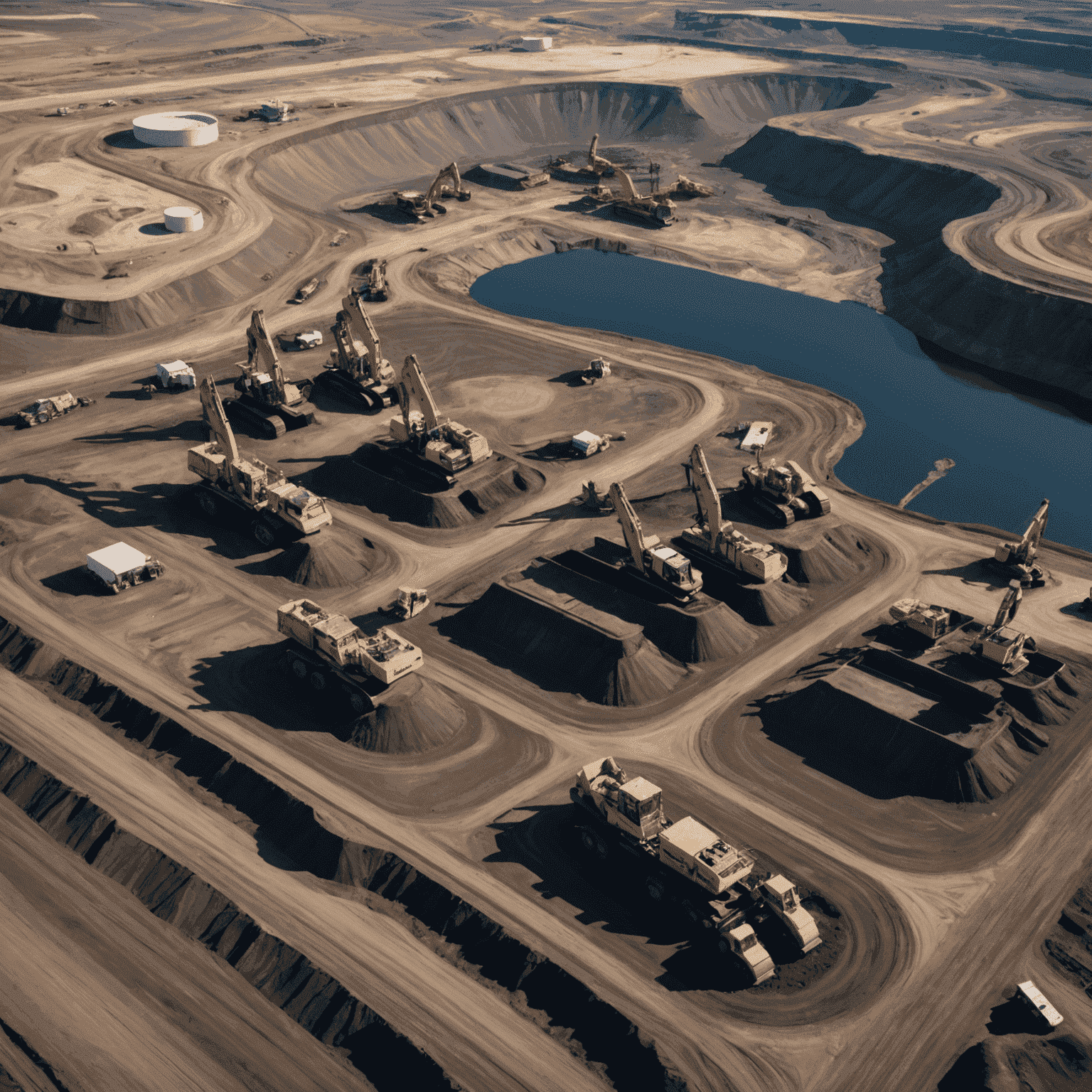 Aerial view of Canadian oil sands with excavators and trucks working in a vast open-pit mine