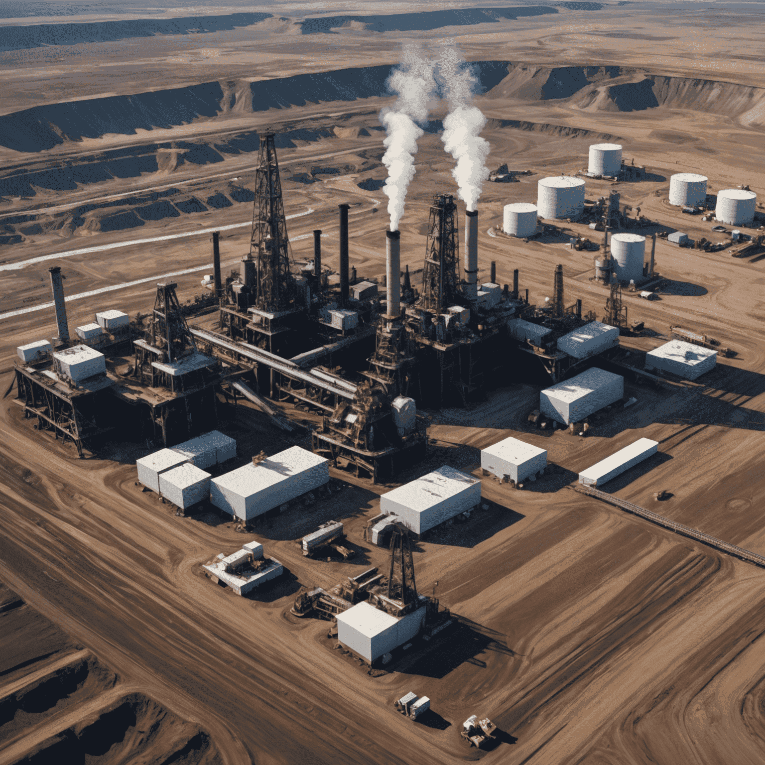 Aerial view of Canadian oil sands extraction site with large industrial machinery and vast landscape of altered terrain