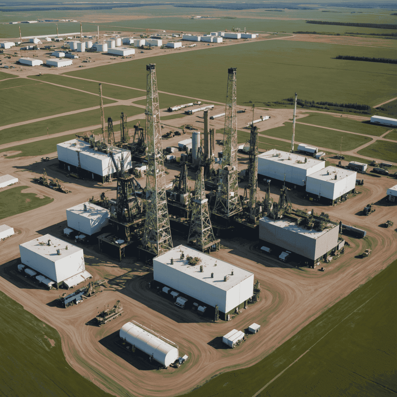 Aerial view of Canadian oil fields with modern SAGD facilities and equipment