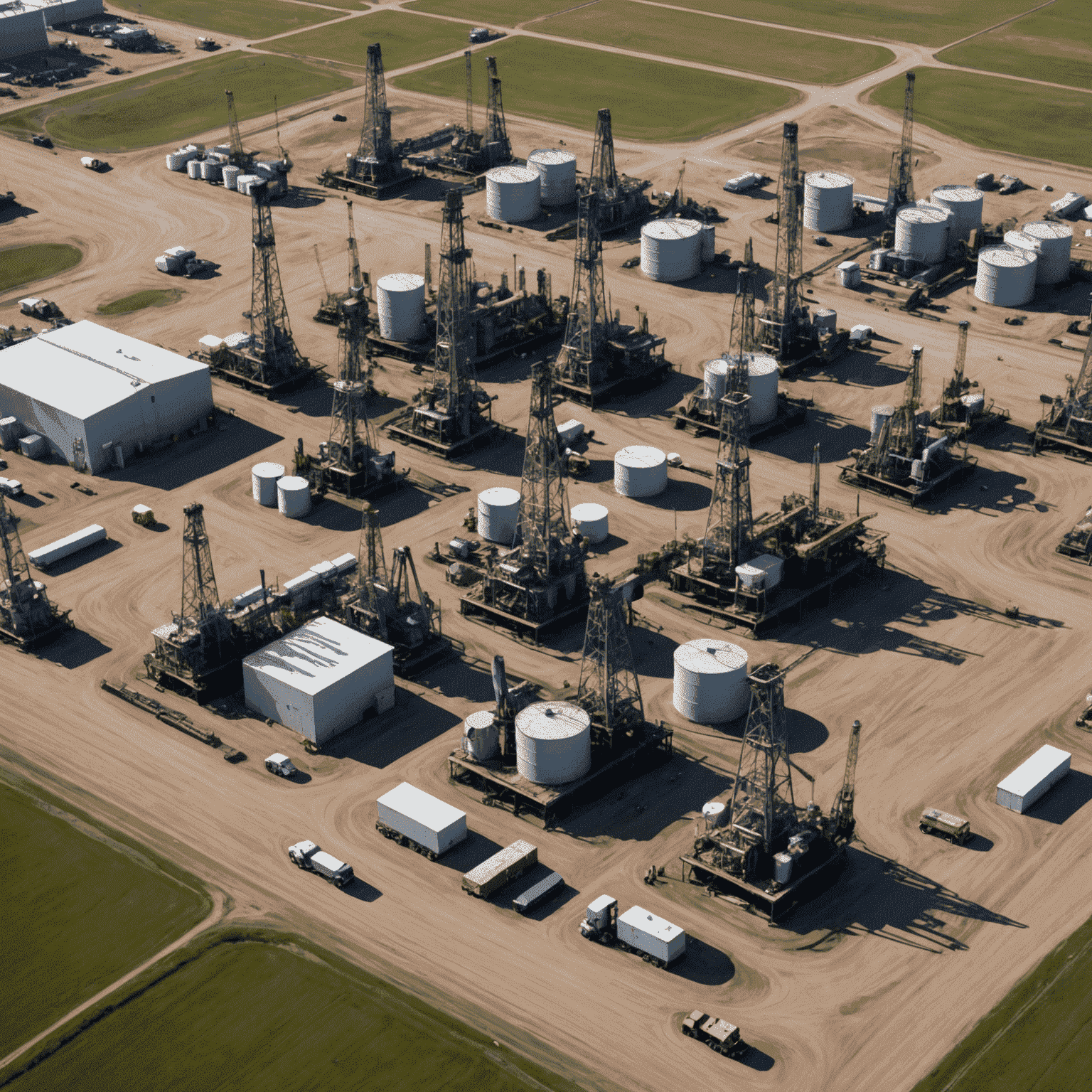 Aerial view of an oil field in Alberta, Canada, with rigs and workers visible, showcasing the scale of the industry