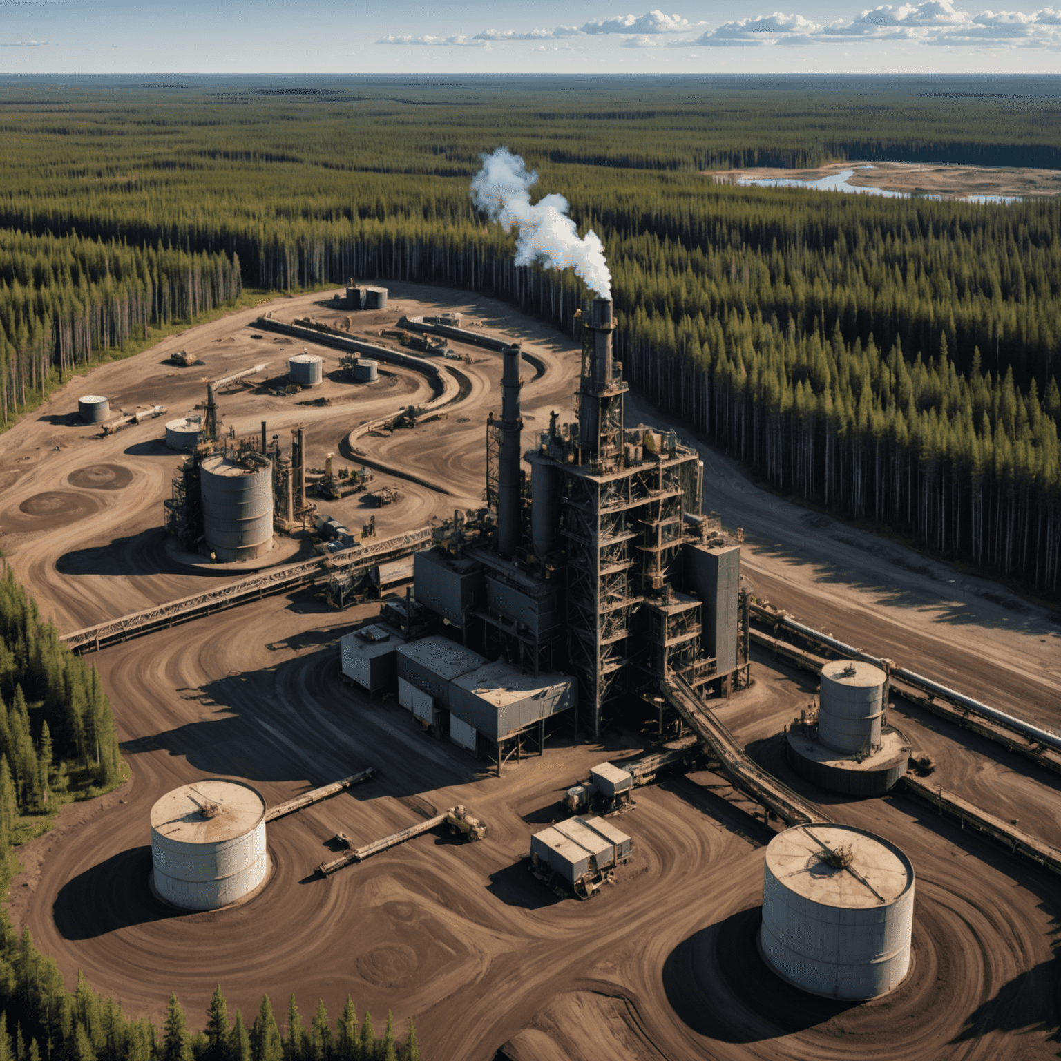 Panoramic view of Canadian oil sands with modern extraction equipment against a backdrop of boreal forest, symbolizing the balance between resource extraction and environmental stewardship