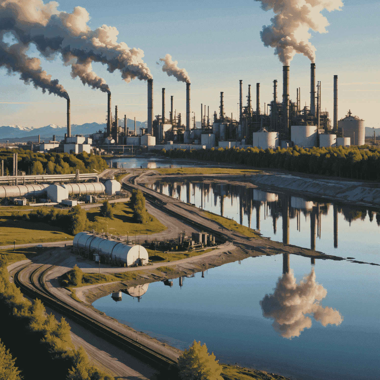 Split image showing pristine Canadian landscape on one side and an oil refinery with emissions on the other