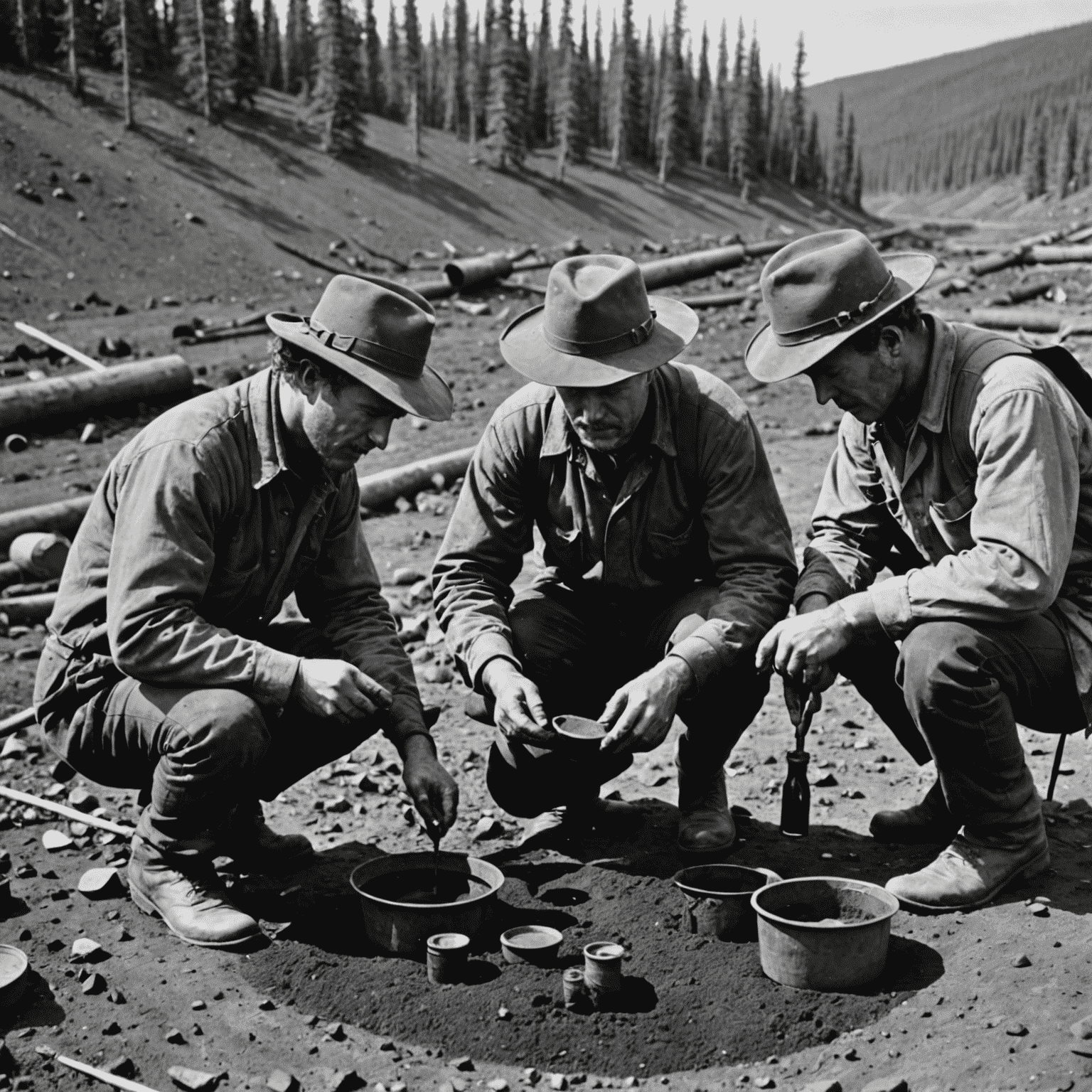 Black and white historical photograph of early oil sands prospectors examining bitumen samples in the wilderness