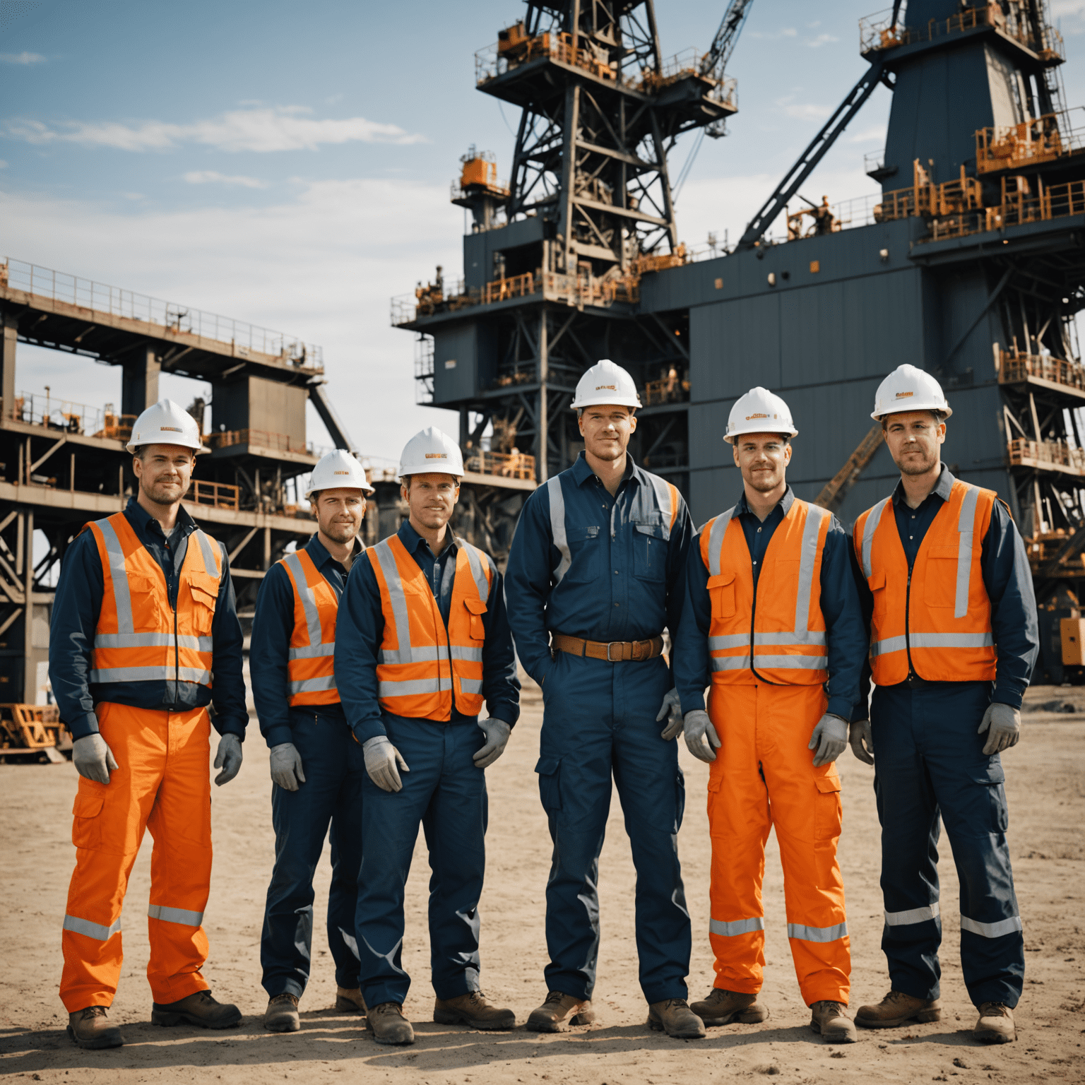 Group of diverse oil industry workers in hard hats and safety gear, standing in front of an oil rig in Saskatchewan