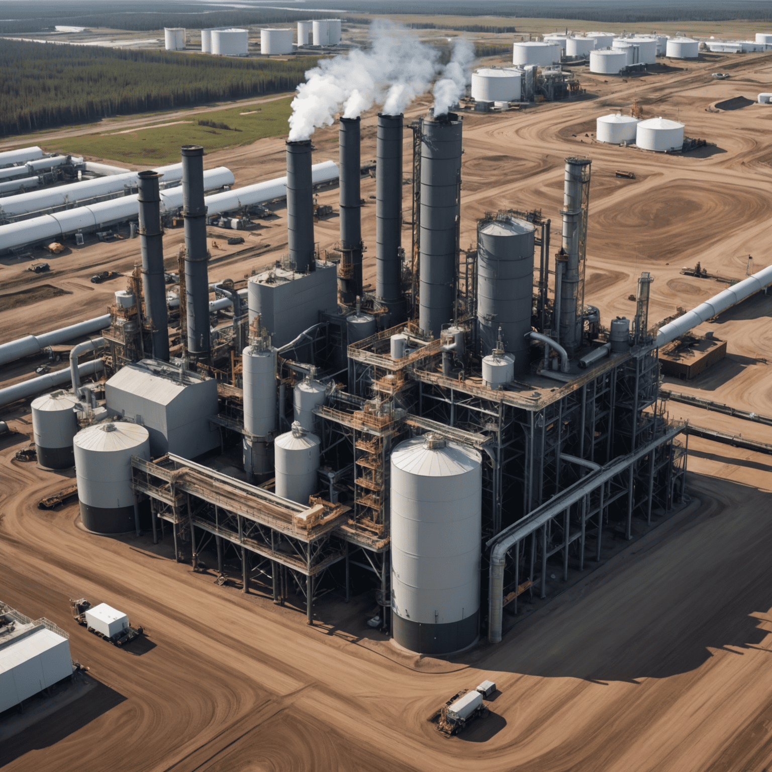 Modern oil sands facility with advanced extraction equipment and environmental safeguards in place